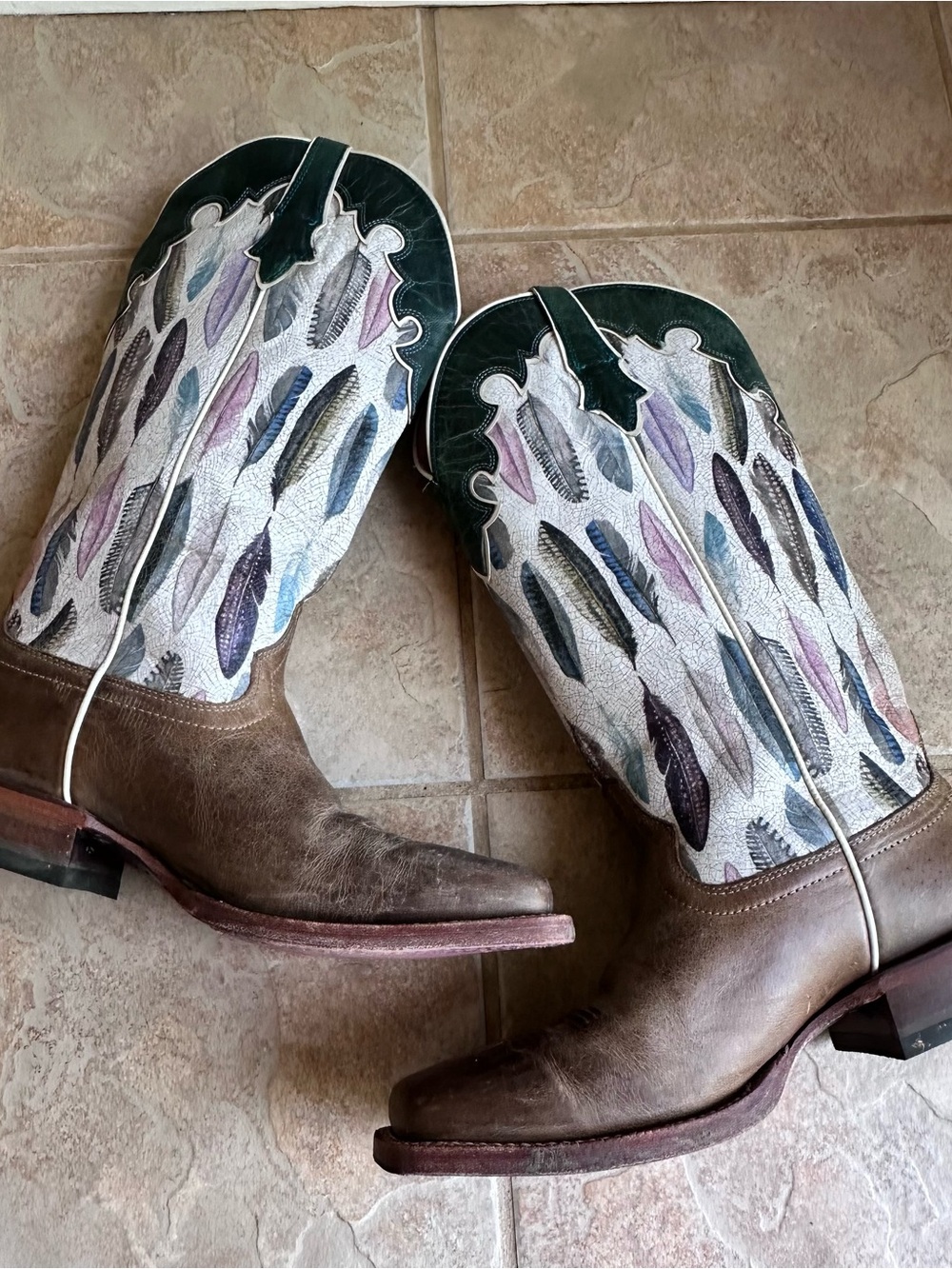 Ariat Fonda Western Boots Feather Print Brown Leather Square Toe - Picture 9 of 10